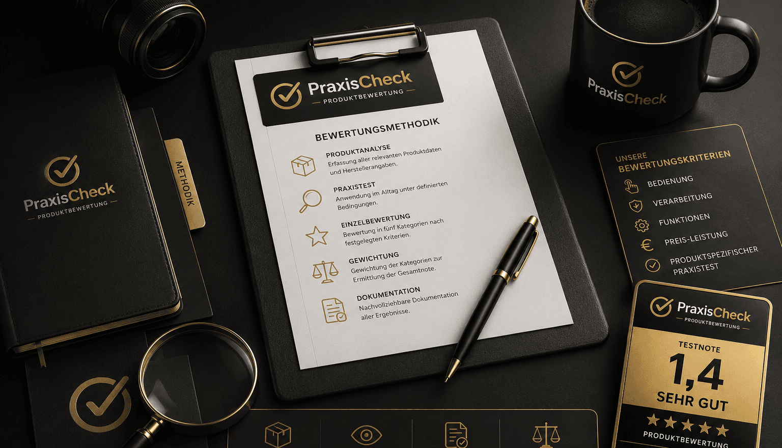 PraxisCheck Bewertungsmethodik — Prüfbericht, Lupe und Prüfsiegel